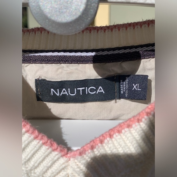 Nautica Vest Men's XL Cream Golf V Neck Cotton Knit Preppy Casual Logo Pullover - Picture 3 of 3